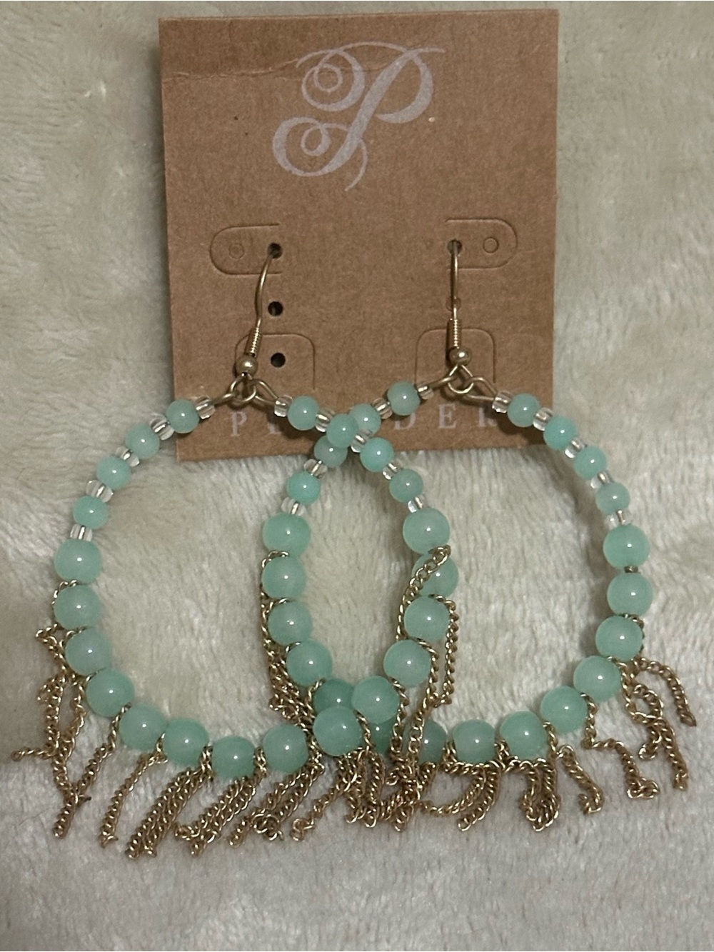 Plunder Aqua Colored Beaded & Gold Tone Fringe Earrings - Picture 2 of 3